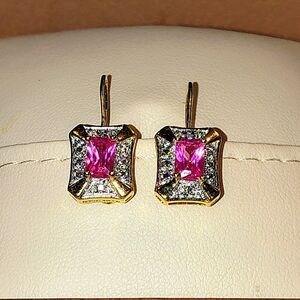 14K GOLD VERMILE 1ct NATURAL PINK EMERALD CUT SAPPHIRE EARRINGS LATCH BACK